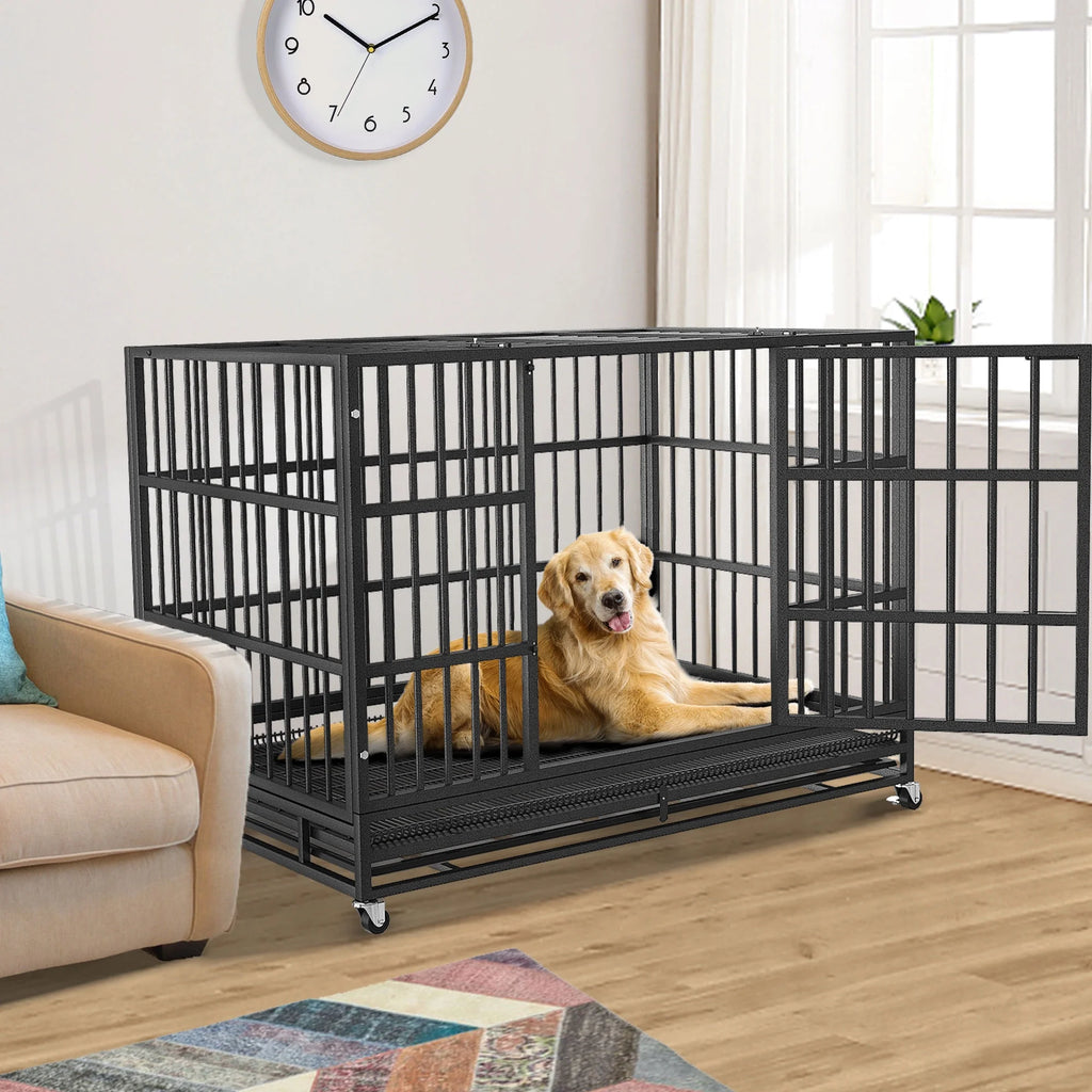 48/38 inch Heavy Duty Dog Crate Kennel with Removable Trays, Wheels and Double Door W71719
