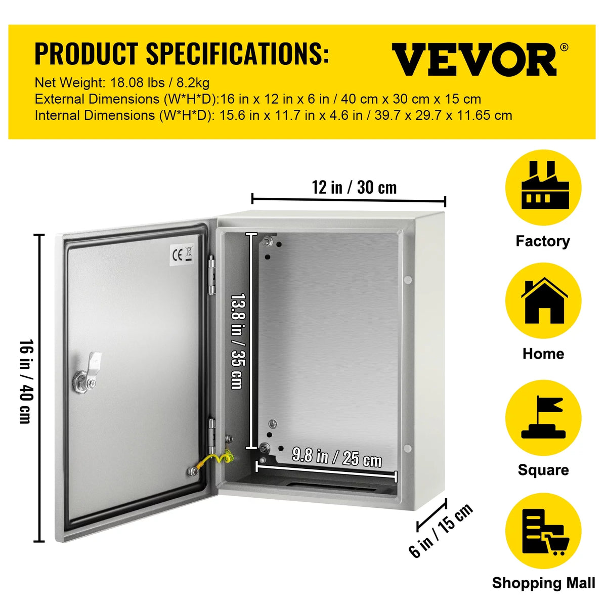 16" x 12" x 6" IP65 Carbon Steel Electrical Enclosure Box Y2634