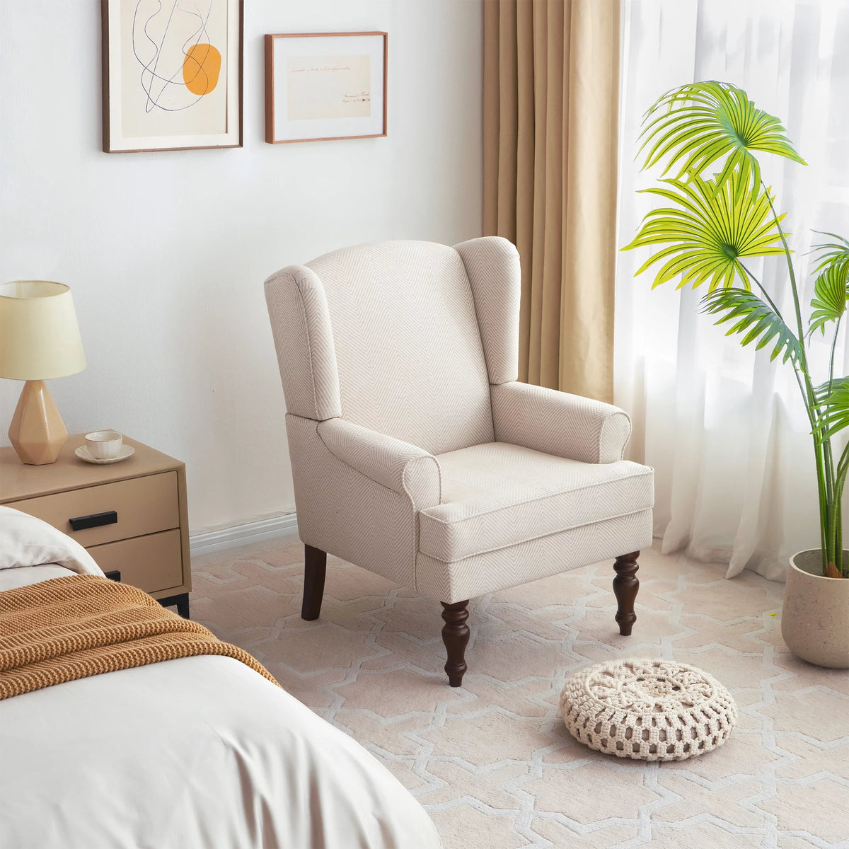 Tan Twill Upholstered Wingback Accent Chair with Solid Wood Legs M86302