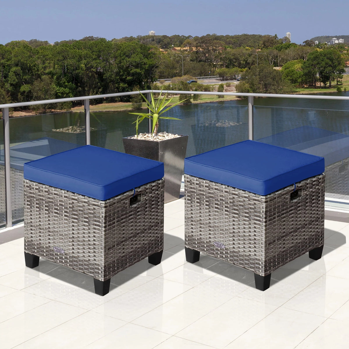 Turquoise Rattan Cushioned Ottoman K7948