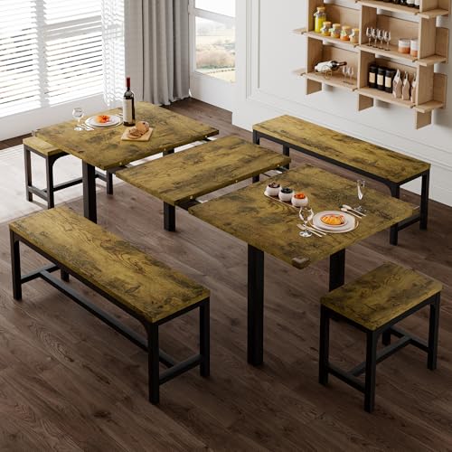 5-Piece Extendable Wooden Dining Table Set with 2 Benches and 2 Stools G6513