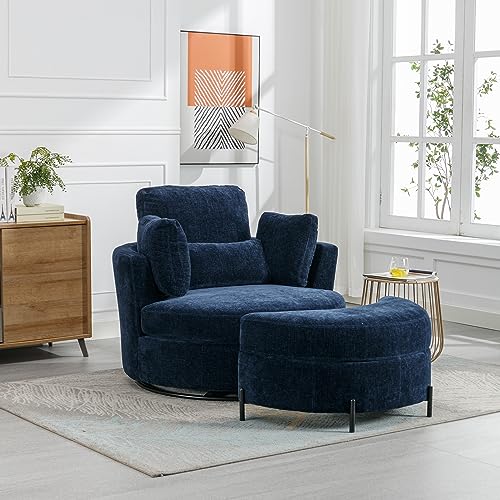 Oversized Swivel Accent Barrel Chair with Storage Ottoman and 4 Pillow, Terracotta Chenille H591