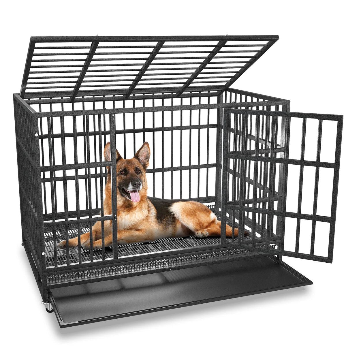 48/38 inch Heavy Duty Dog Crate Kennel with Removable Trays, Wheels and Double Door W71719