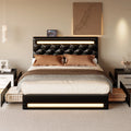 Queen Bed Frame with LED Light, PU Leather, Charging Station, 4 Storage Drawers, Black J781