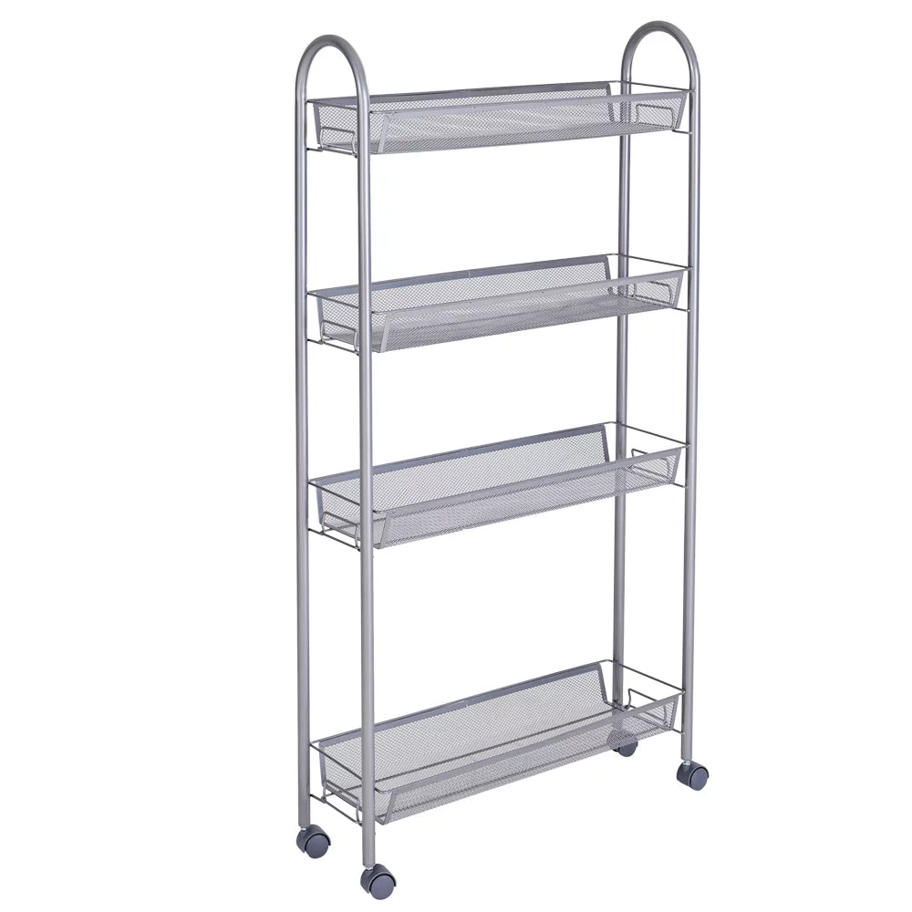 4 Tier Slim Storage Cart Mobile Shelving Unit Organizer Rolling Utility Cart Tower Rack Plastic Stainless Steel Silver M32289