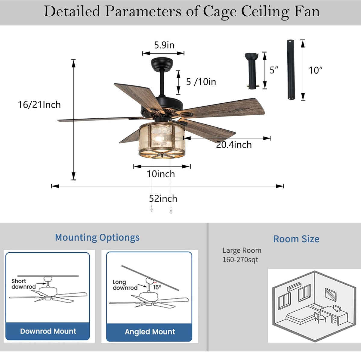 Matte Black Caged Ceiling Fan with Lights Remote Control V952