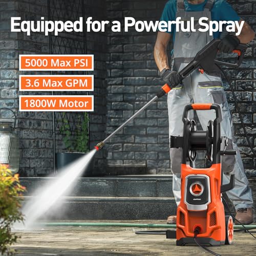 Electric Pressure Washer, 5000 Max PSI, 3.6 GPM, with Hose Reel, 4 Quick Connect Nozzles, Foam Cannon Z15179