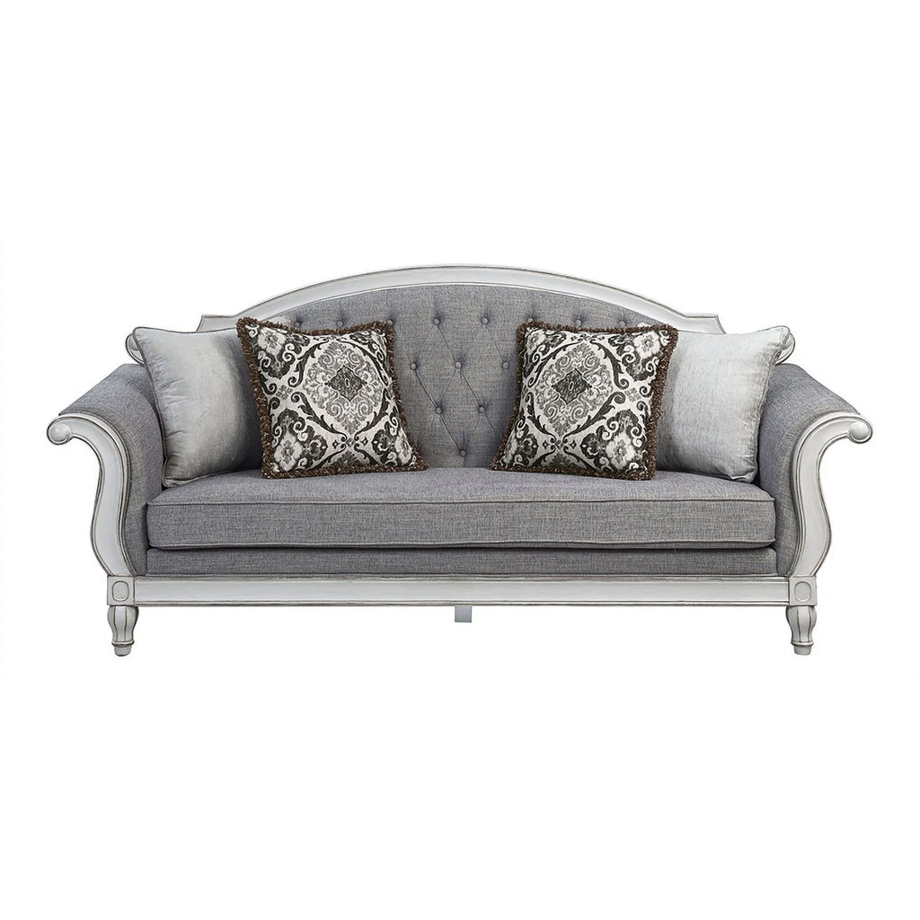Tufted Fabric Sofa with 4 Pillows in Gray/Antique White T761176