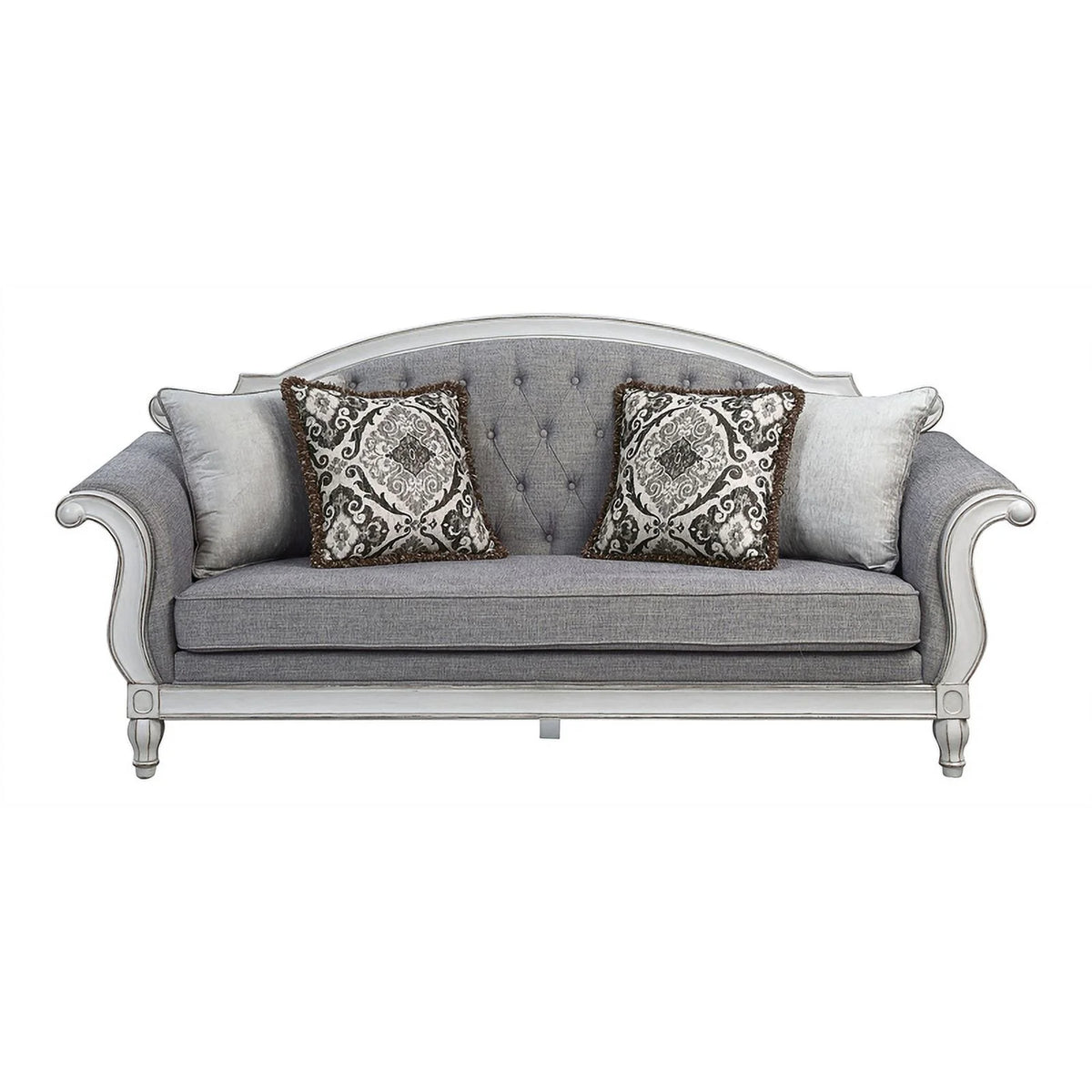 Tufted Fabric Sofa with 4 Pillows in Gray/Antique White T761176