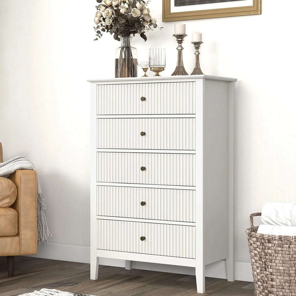 White 5 Drawer Fluted Wood Dresser U4599