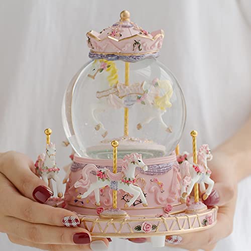 Gift Wrapped Music Box Carousel Horses Color Lights Unicorn Musical Snow Globe Y350