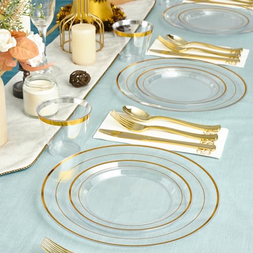 Clear 350 Count Plastic Dinnerware Set with Gold Rim F416