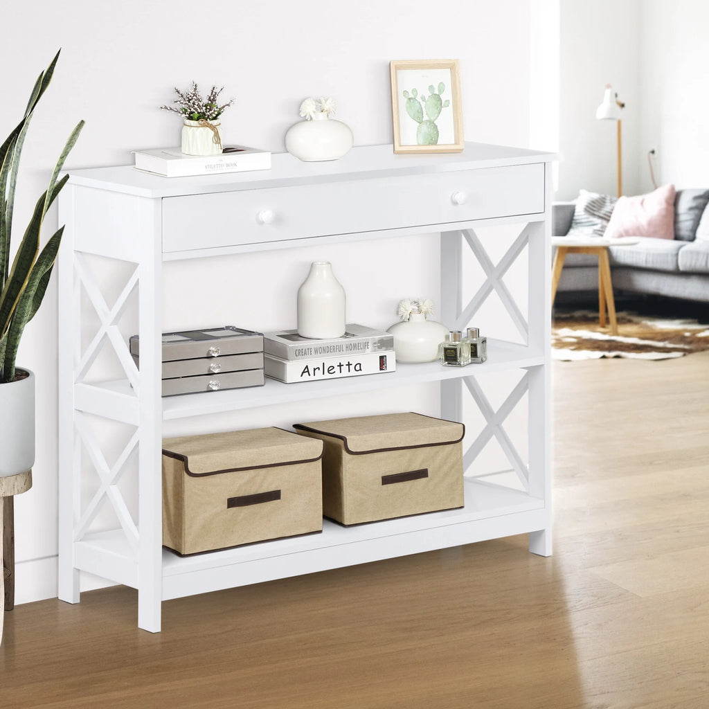 White Wooden Console Table with 1 Drawer and 2 Storage Shelves Y508202