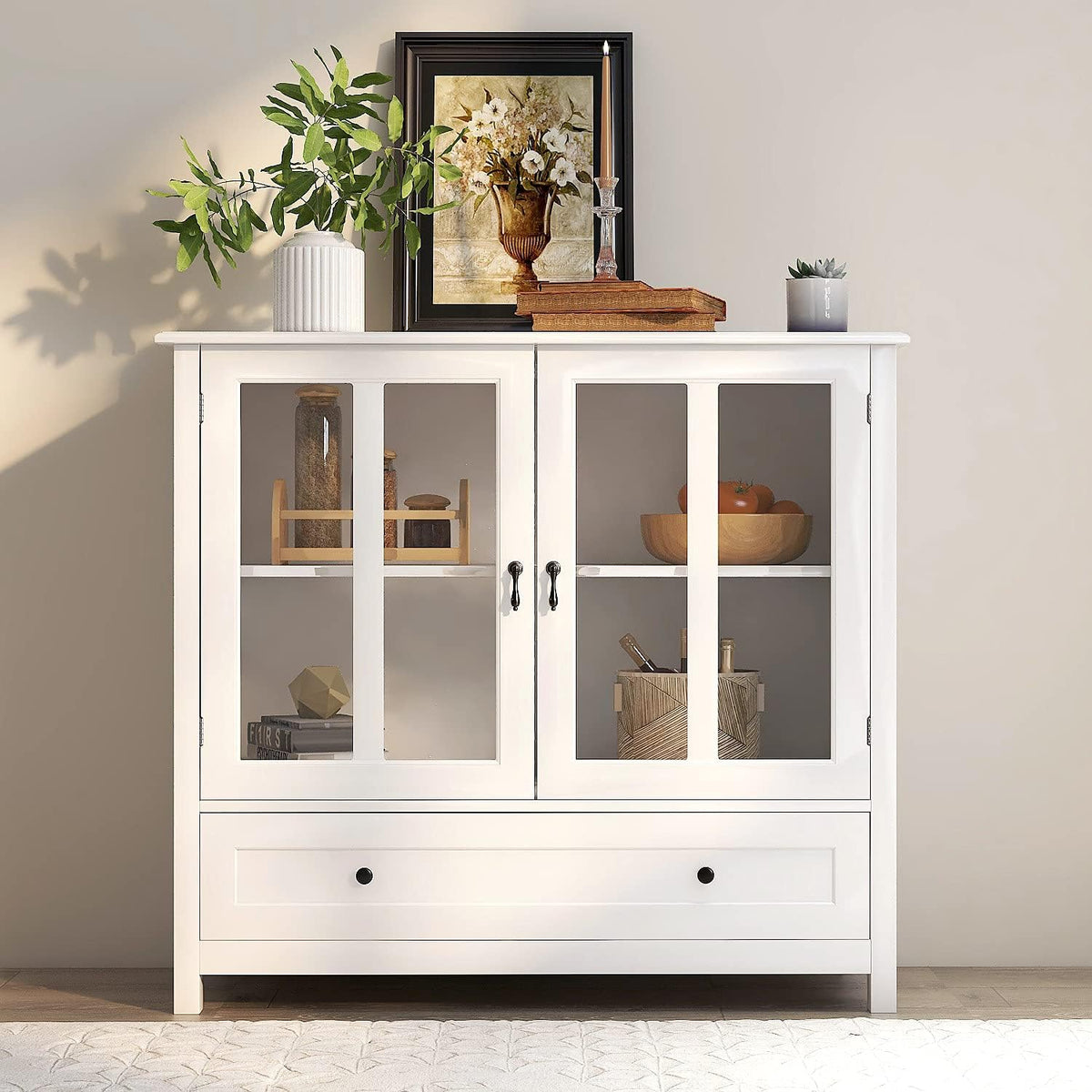 White Storage Cabinet with Double Glass Doors and Drawer G375647