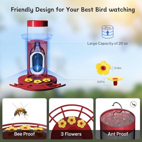 Smart Hummingbird Feeder with Camera Solar-Powered, AI Identify, Cloud Storage, HD Video (20 Ounces) Y81098