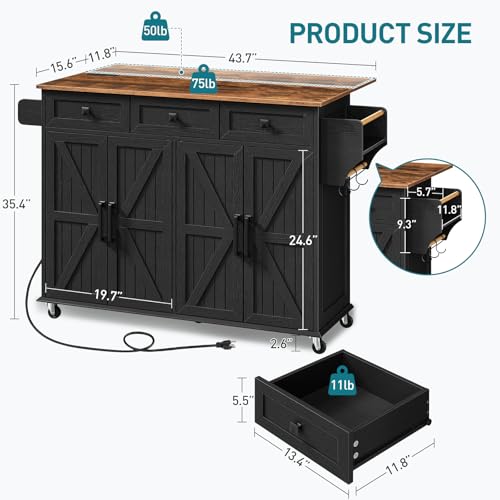 White and Walnut Kitchen Island with Drop Leaf, Charging Station, 3 Drawers and Storage C384
