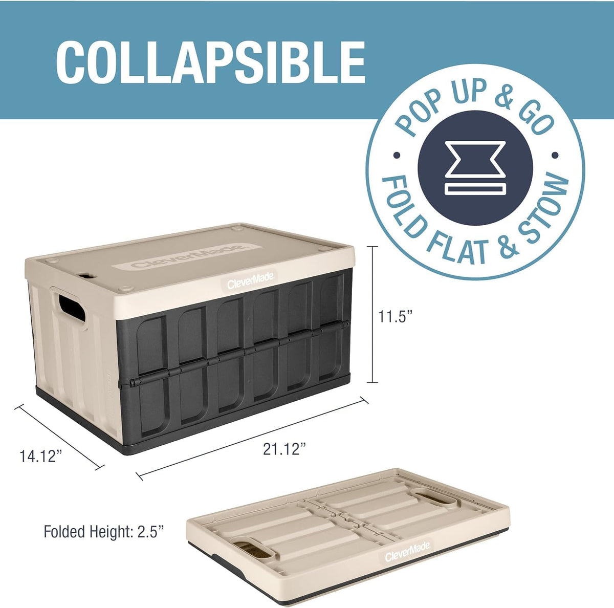 Collapsible Storage Bin with Lid, Tan, 3PK - 62L & Collapsible Shopping Basket, Ocean, 3PK - 24L R486
