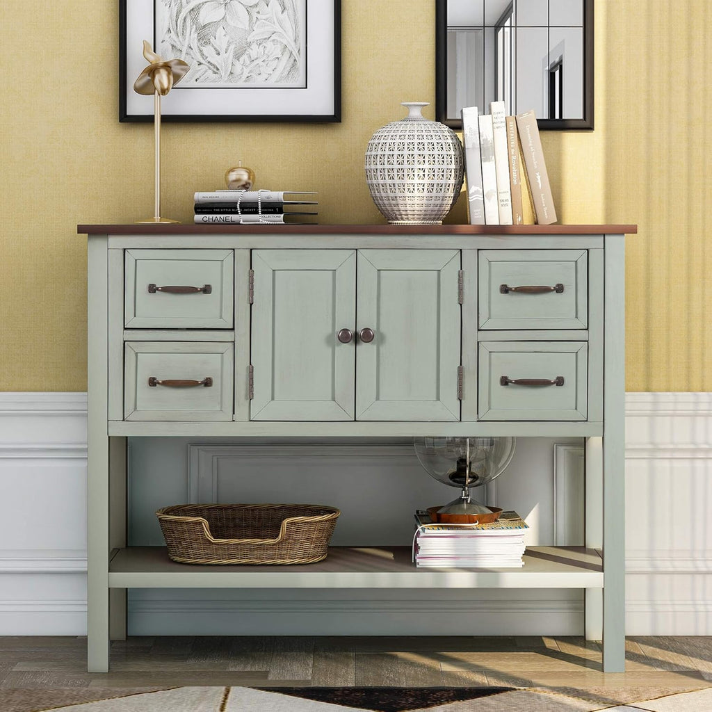 43 Inch Light Blue Console Table with Doors Drawers and Open Shelf W560