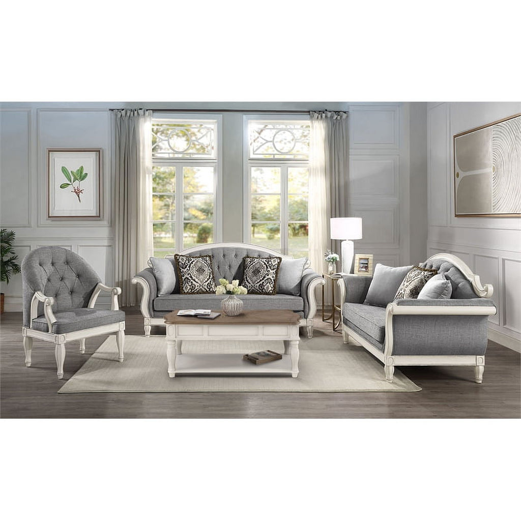 Tufted Fabric Sofa with 4 Pillows in Gray/Antique White T761176