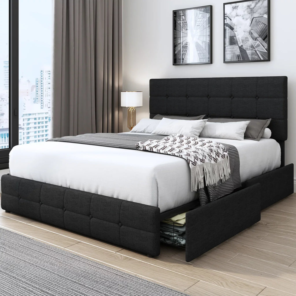 Queen Size Light Grey Upholstered Platform Bed with 4 Storage Drawers H18686