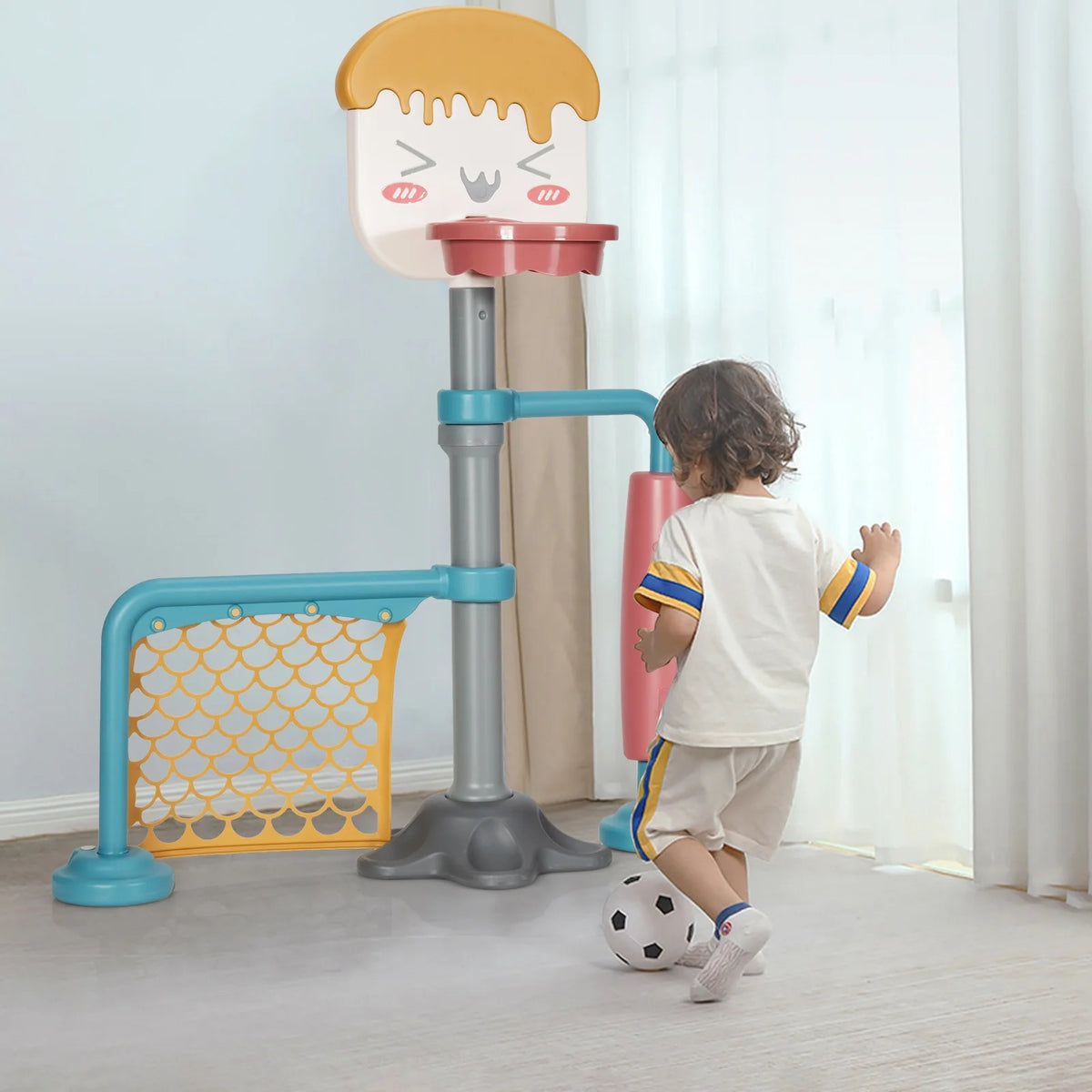 Adjustable Kids Basketball Stand Set Soccer Goal Stand Game Set Indoor Outdoor E330710