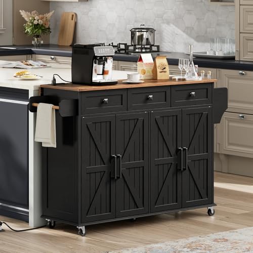 White and Walnut Kitchen Island with Drop Leaf, Charging Station, 3 Drawers and Storage C384