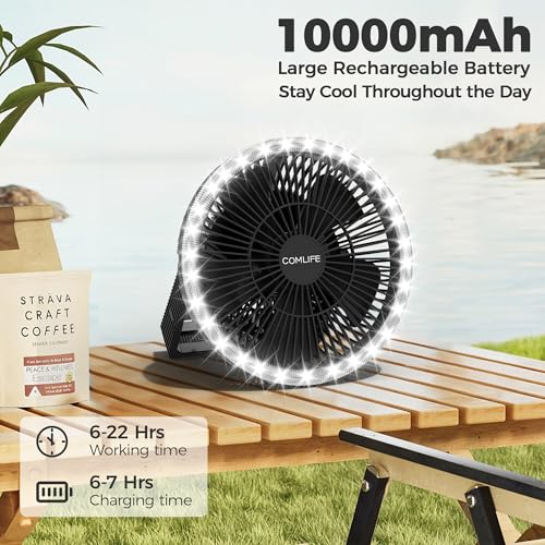 8-Inch Portable Camping Fan with LED Lantern, 10000mAh Rechargeable Battery Operated Tent Fan I927
