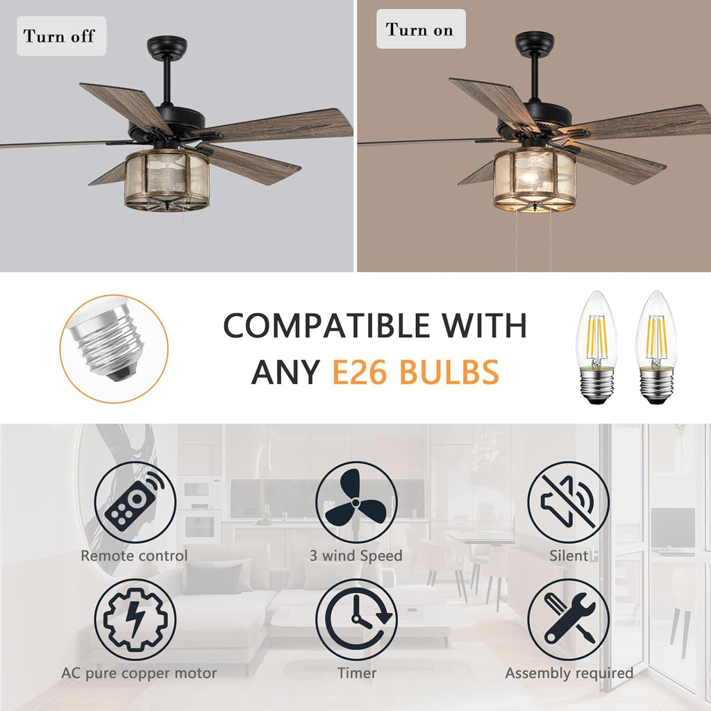 Matte Black Caged Ceiling Fan with Lights Remote Control V952