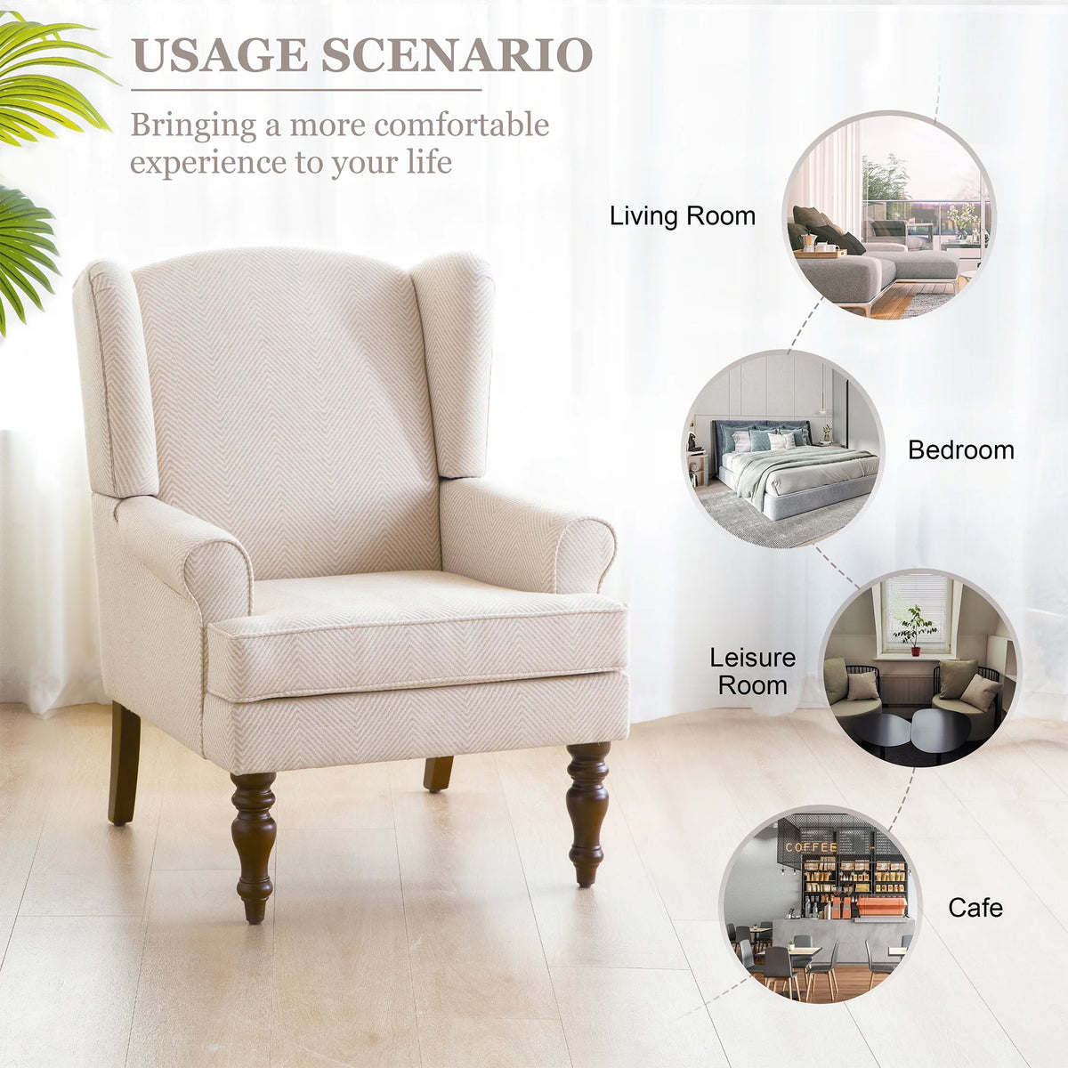 Tan Twill Upholstered Wingback Accent Chair with Solid Wood Legs M86302
