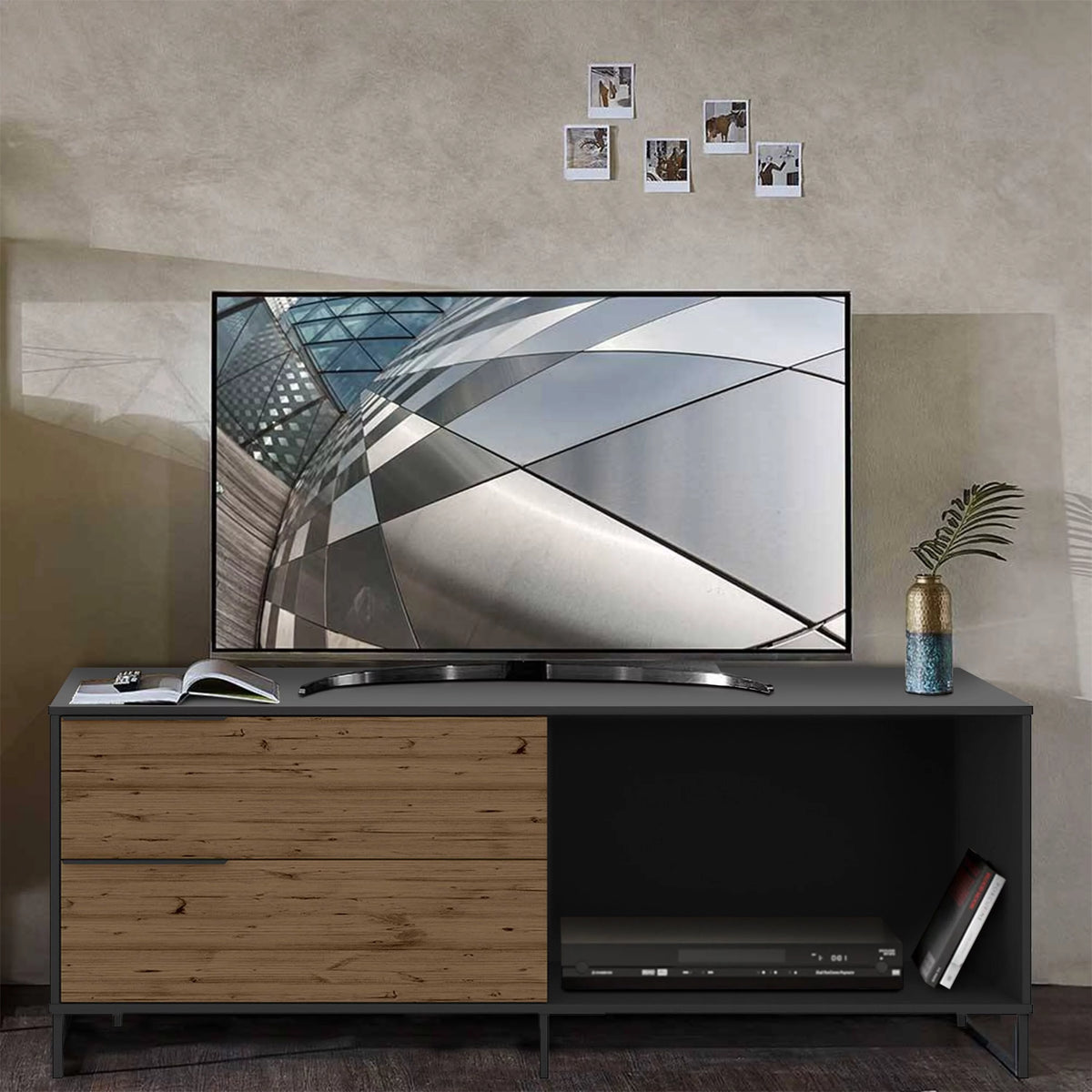 60 Inch Wood and Metal TV Stand with 2 Drawers E784