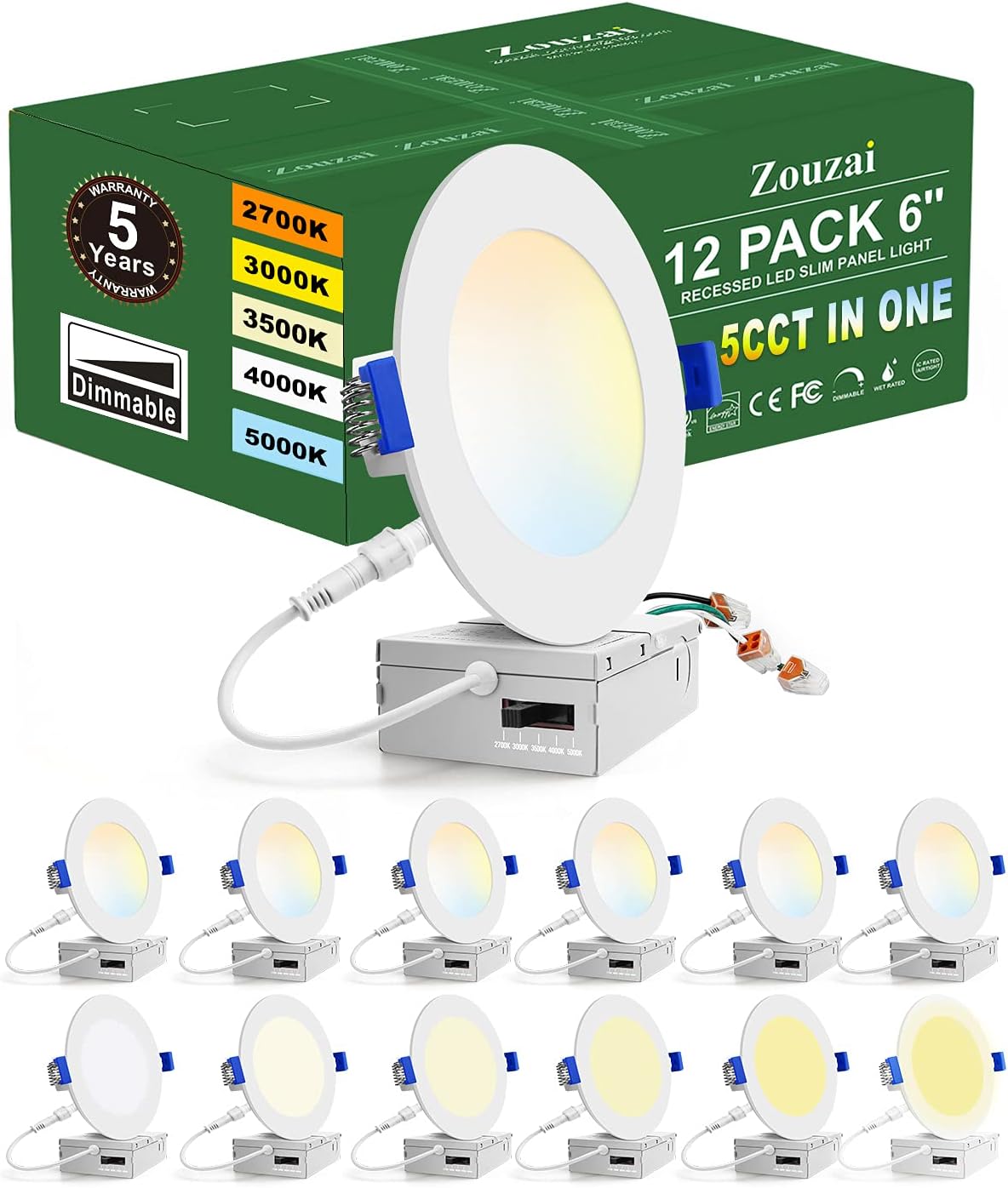 12 Pack 4 Inch 5CCT Ultra-Thin LED Recessed Ceiling Light with Junction Box, 9.5W 80W Eqv, Dimmable S844