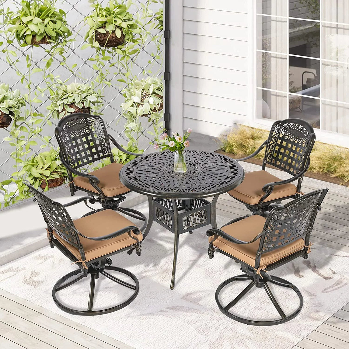 5 Piece Cushioned Swivel Rocking Patio Dining Set with 35.2" Round Table Y28049