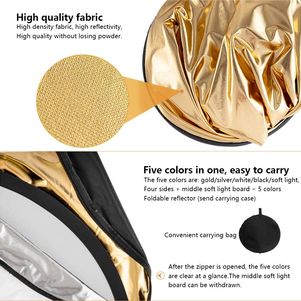 5 in 1 Collapsible Reflector Set with 2 Handles and Carrying Bag Gold Silver White Black Transparent (23.6in) J317368