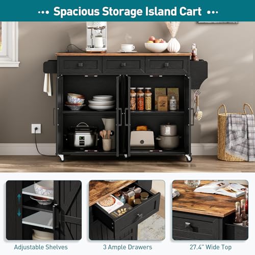 White and Walnut Kitchen Island with Drop Leaf, Charging Station, 3 Drawers and Storage C384