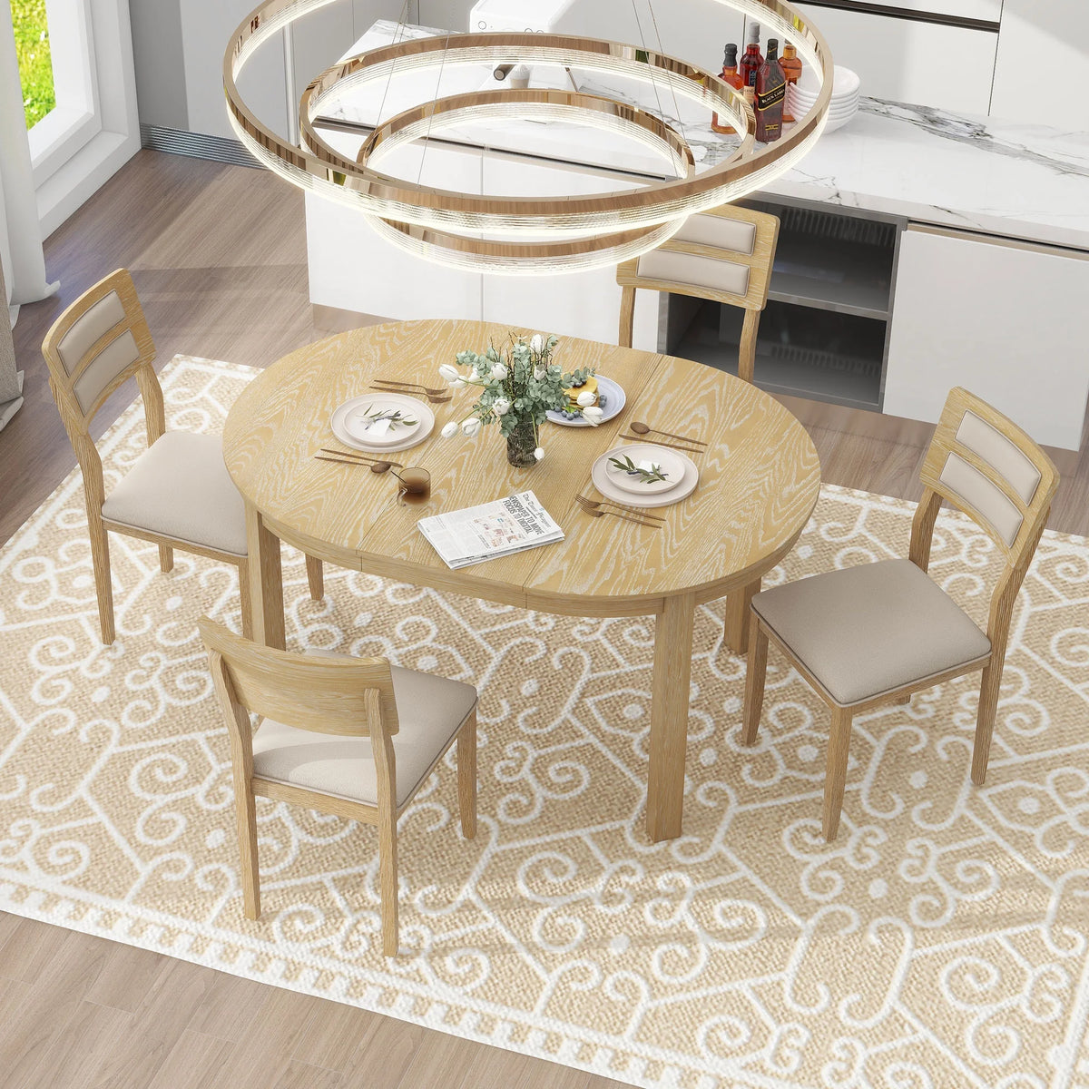 5 Piece Extendable Dining Table Set with 4 Upholstered Chairs Y363
