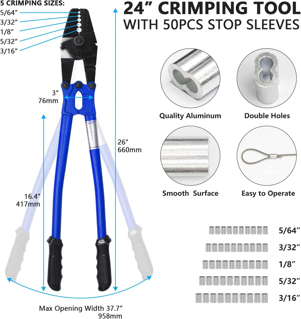 24 Inch Hand Crimping Cutting Tool, Wire Rope Crimping Tool, with 50pc Aluminum Stop Sleeves Oval Sleeves Pack of 2 L1773