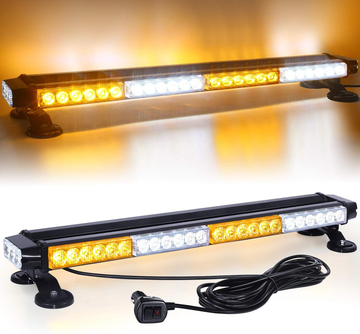 54 LED 26.5'' High Intensity Emergency Warning Light Bar with Magnetic and 16 ft Cord (Amber&White) Pack of 2 I522