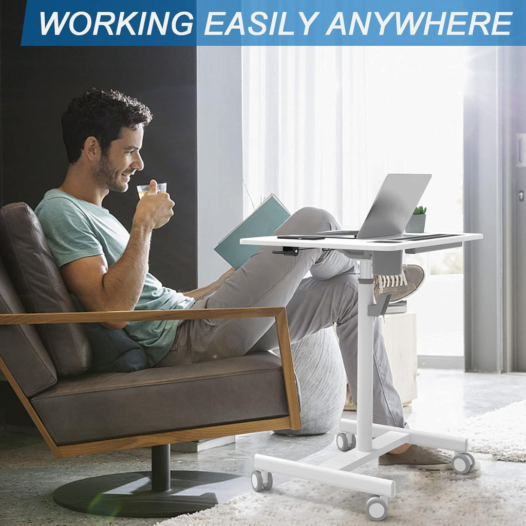 28 inch Pneumatic Sit to Stand Height Adjustable Mobile Laptop Desk with Lockable Wheels, White X428330