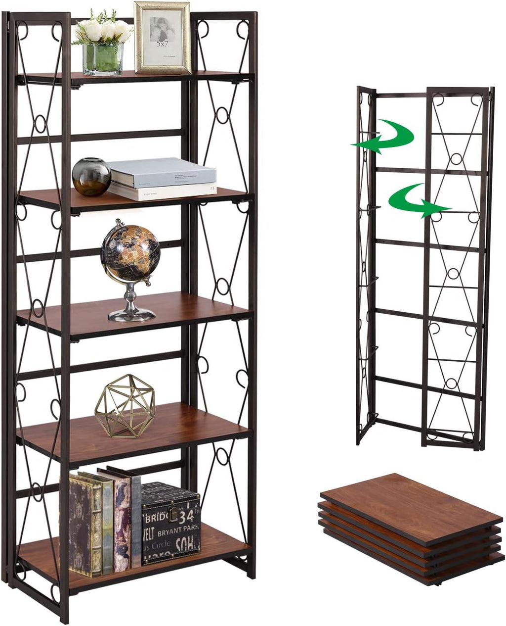5 Shelf Folding Metal Bookshelf, Set of 2, Dark Brown I2712