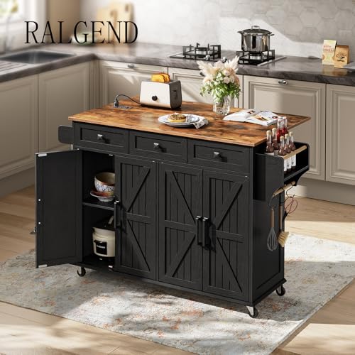 White and Walnut Kitchen Island with Drop Leaf, Charging Station, 3 Drawers and Storage C384