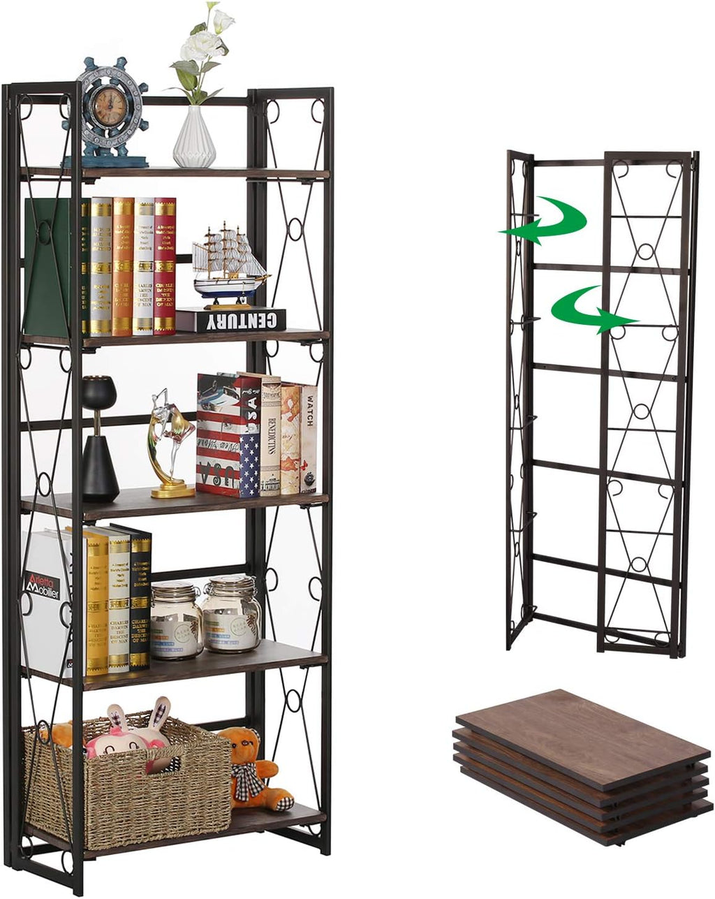 5 Shelf Folding Metal Bookshelf, Set of 2, Dark Brown I2712