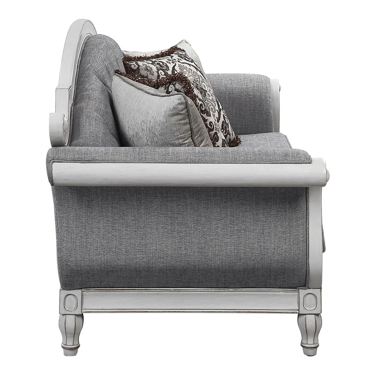 Tufted Fabric Sofa with 4 Pillows in Gray/Antique White T761176
