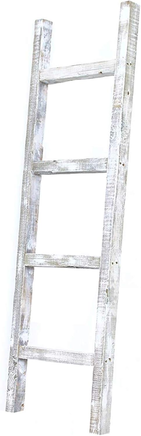 4 ft White Wash Reclaimed Wood Decorative Ladder K7907