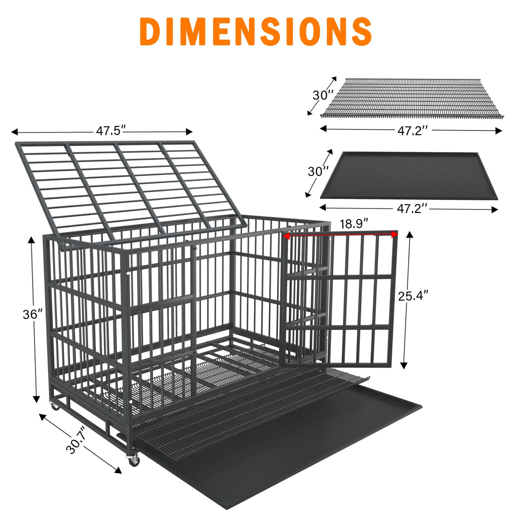 48/38 inch Heavy Duty Dog Crate Kennel with Removable Trays, Wheels and Double Door W71719