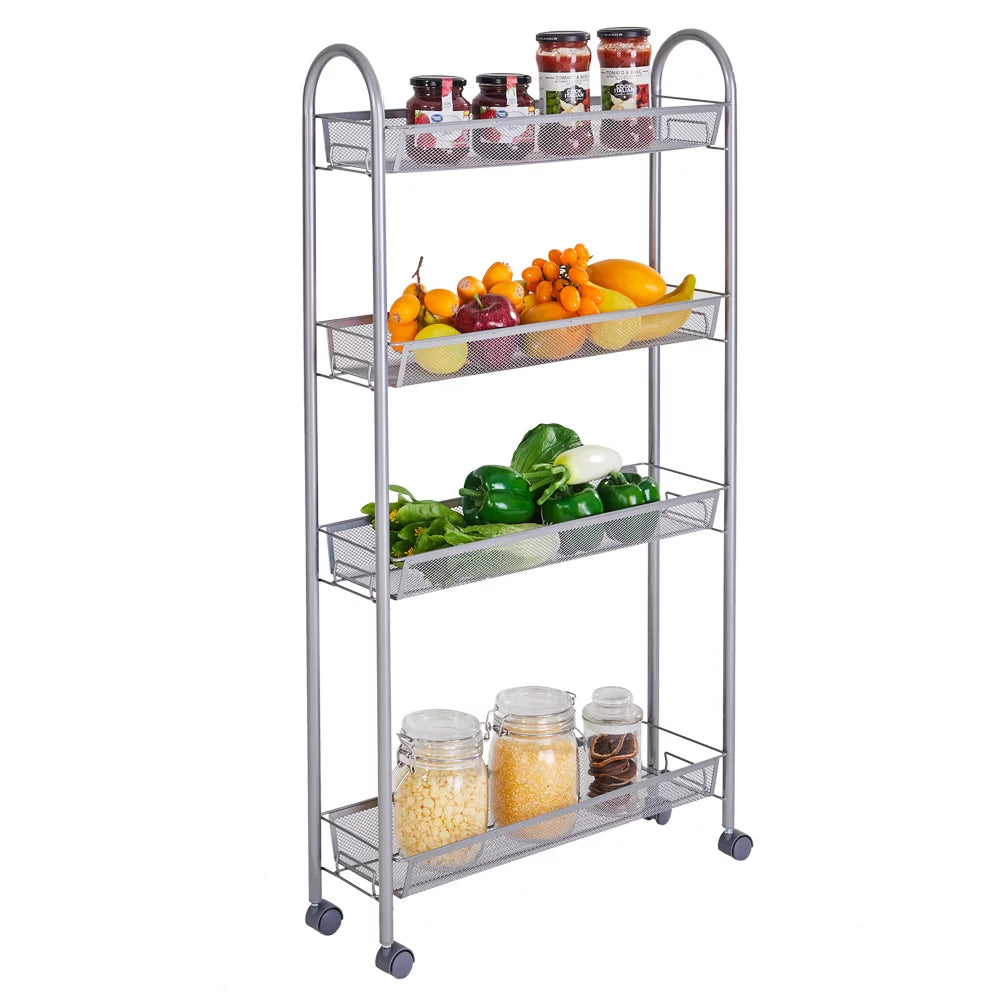 4 Tier Slim Storage Cart Mobile Shelving Unit Organizer Rolling Utility Cart Tower Rack Plastic Stainless Steel Silver M32289