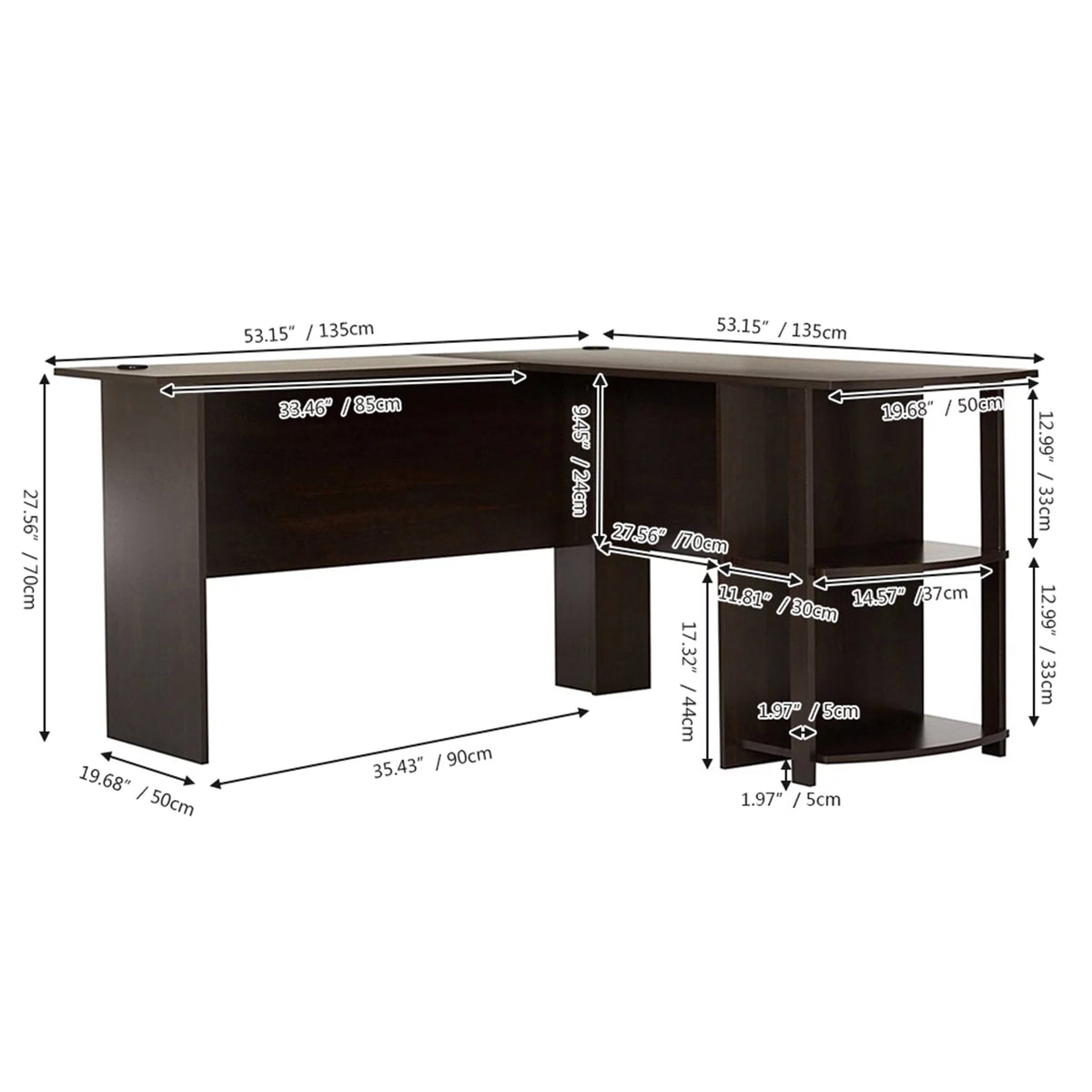 L-Shaped Wood Computer Desk with Bookshelves Dark Brown P429