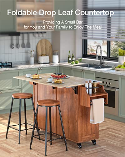Brown Kitchen Island with Drop Leaf Storage on Wheels C705738