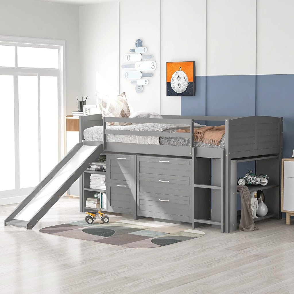Twin Loft Bed with Slide, Ladder and Guardrail T72812