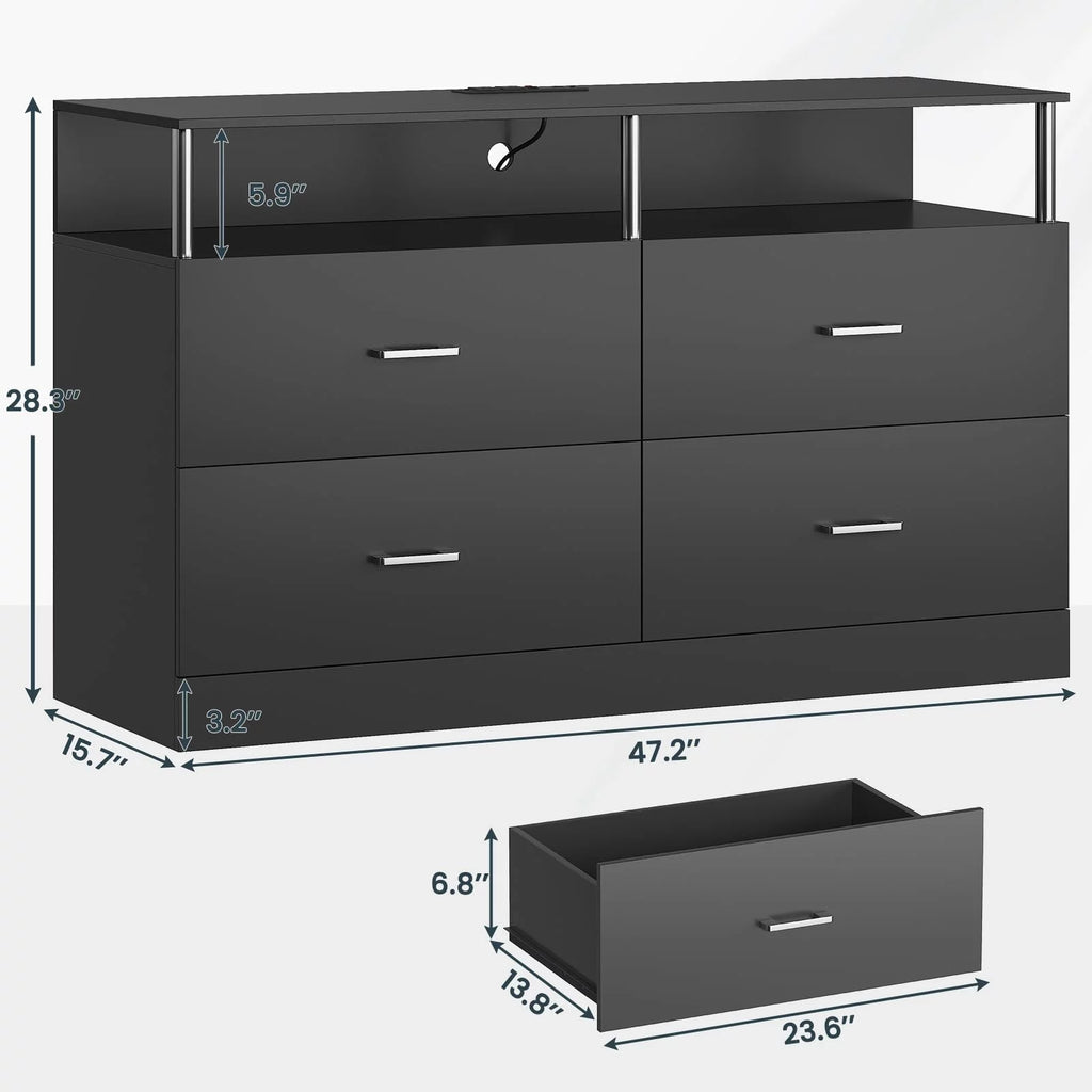 Black 4 Drawer Dresser with LED Lights & Charging Station B563