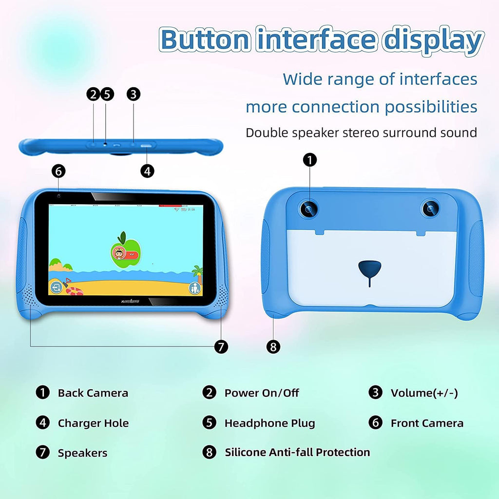 7 inch Kids Tablet Android 11 Quad Core 2GB RAM 32GB ROM Dual Camera WiFi Bluetooth Blue Pack of 2 O735756